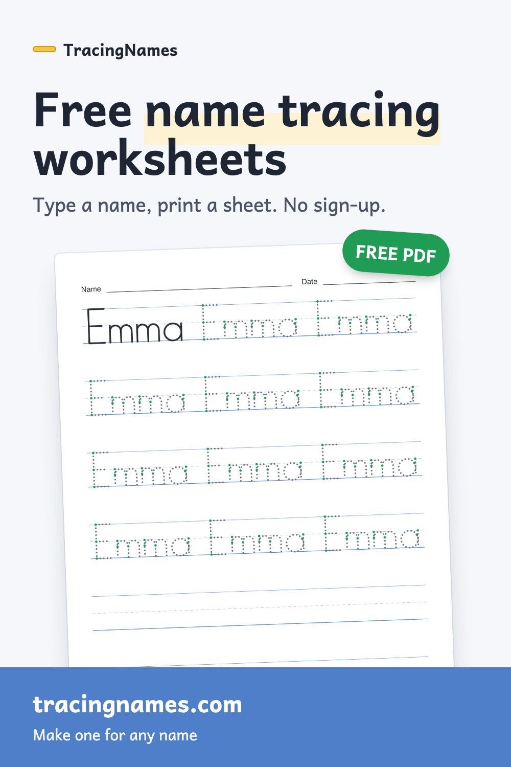 Emma name tracing worksheet with a solid model, dotted letters and green stroke start dots